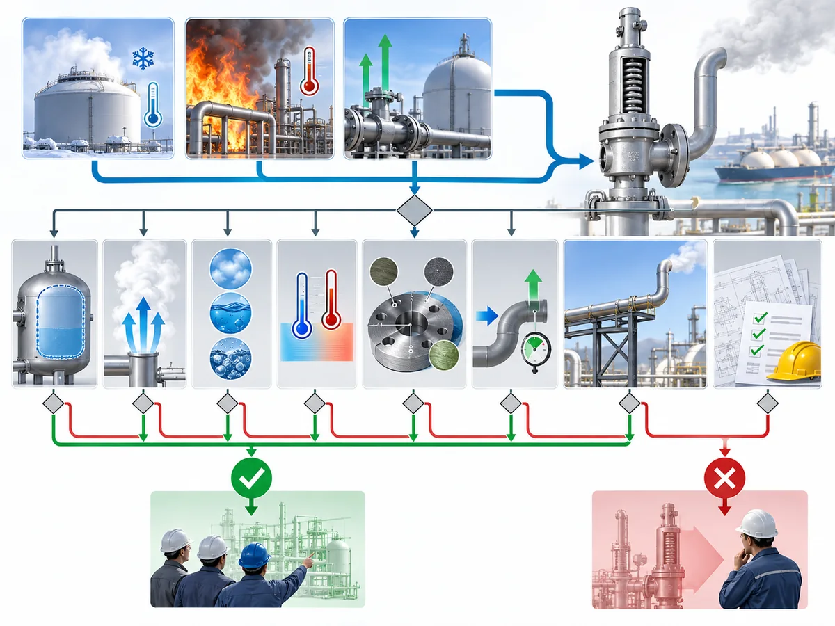 Engineering screening path for checking whether one relief device can be reviewed for multiple LNG or LPG overpressure cases.