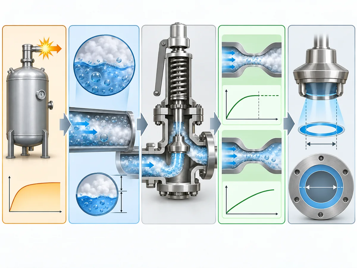 Dimensionamento de válvula de segurança para fluxo bifásico: por que métodos para gás ou líquido não são suficientes - IMG-02 Fluxo conceitual de dimensionamento de válvula de segurança para duas fases, desde a carga de alívio requerida até a área mínima de dimensionamento.