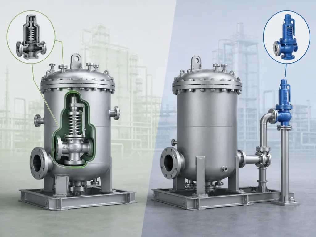 Conceptual comparison of a built-in safety valve integrated into packaged equipment and a separately installed standalone safety valve.
