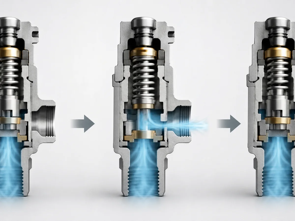 What Is a Built-In Safety Valve? - IMG-02 Conceptual operating sequence of an integrated safety valve opening during overpressure and discharging through a defined path.