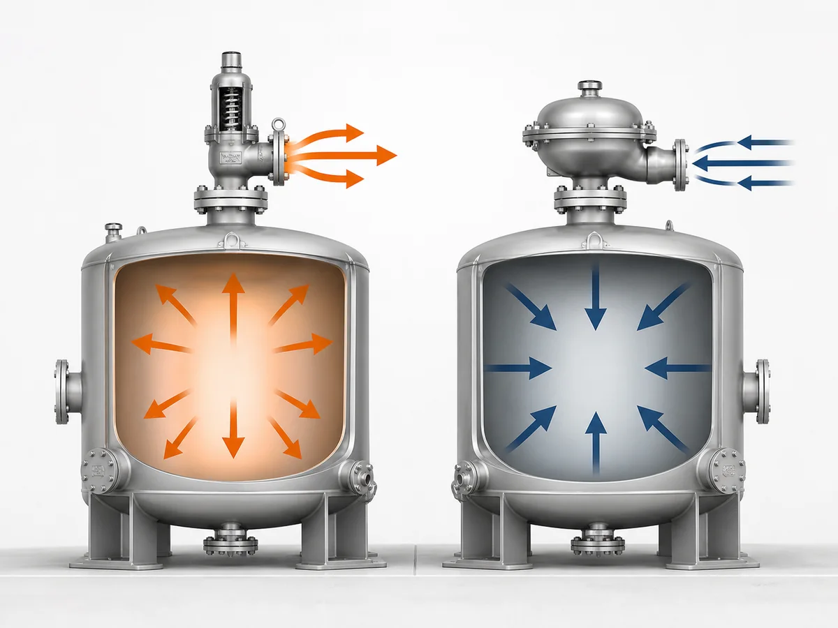 What Is a Vacuum Safety Valve? How Vacuum Protection Works - IMG-01 Conceptual comparison of outward positive-pressure relief and inward replacement-gas flow during tank or process vacuum relief.