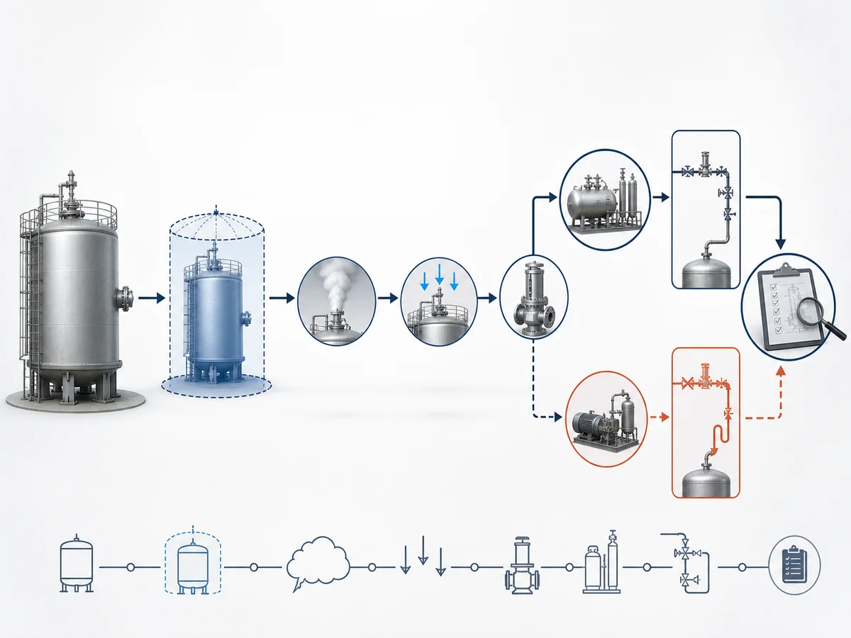What Is a Vacuum Safety Valve? How Vacuum Protection Works - IMG-02 Conceptual decision flow for evaluating equipment, vacuum basis, governing event, replacement-gas duty, admitted gas and flow-path restrictions.