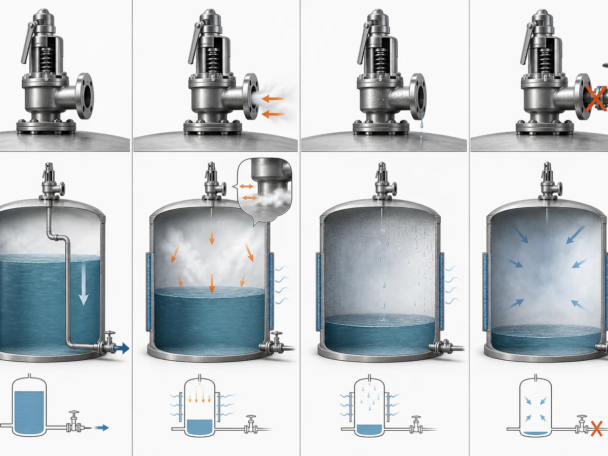 What Is a Vacuum Safety Valve? How Vacuum Protection Works - IMG-03 Conceptual tank scenarios showing liquid withdrawal, cooling, condensation and restricted replacement-gas flow as causes of excessive vacuum.