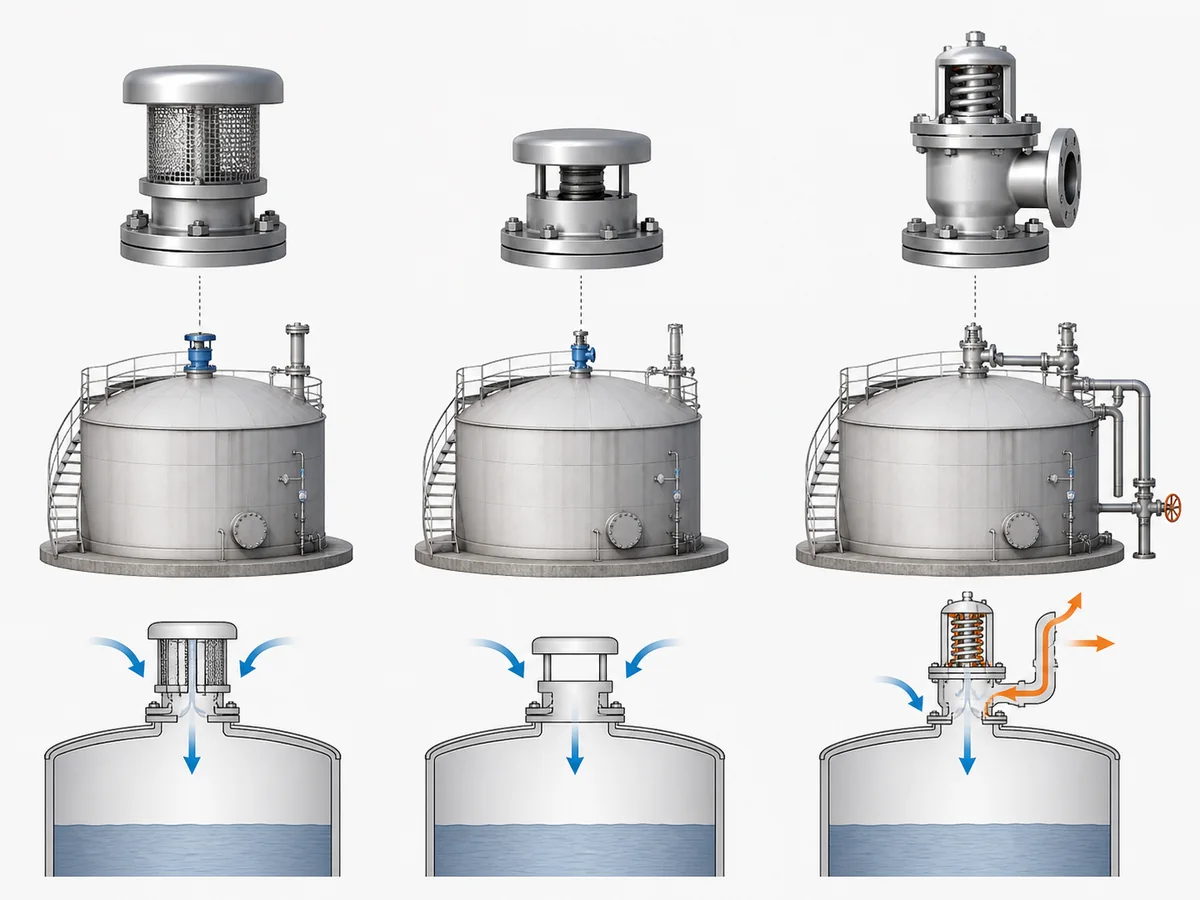 What Is a Vacuum Safety Valve? How Vacuum Protection Works - IMG-04 Functional comparison of vacuum relief, vacuum breaker and combined pressure-vacuum relief duties in tank systems.