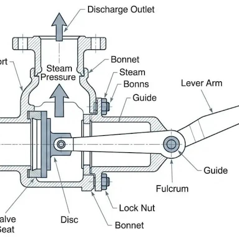 Lever safety valve working principle showing lever weight disc seat and steam pressure