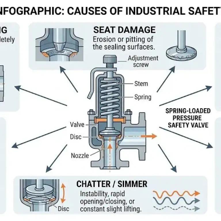 Root cause map showing why a safety valve leaks after popping including reseating failure, seat damage, debris, chatter, simmer, and back pressure
