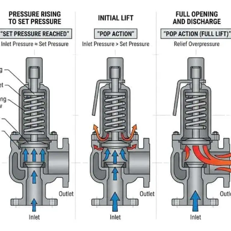 step by step diagram showing how a safety valve opens relieves pressure and reseats