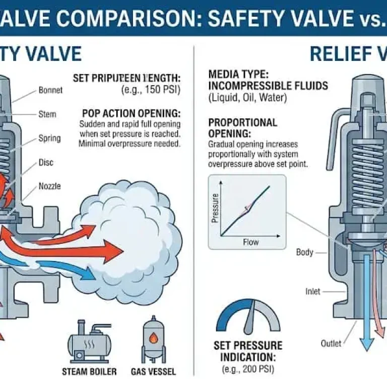 Safety valve vs relief valve overview comparison showing rapid opening for gas and steam service versus gradual opening for liquid service