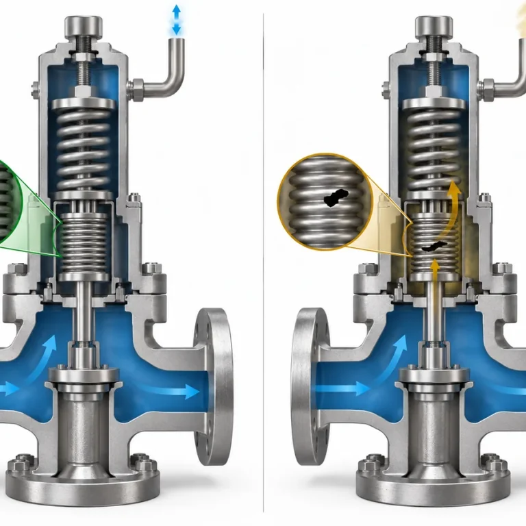 Simplified cutaway comparing intact and failed balanced bellows pressure relief valve states and the bonnet vent path.