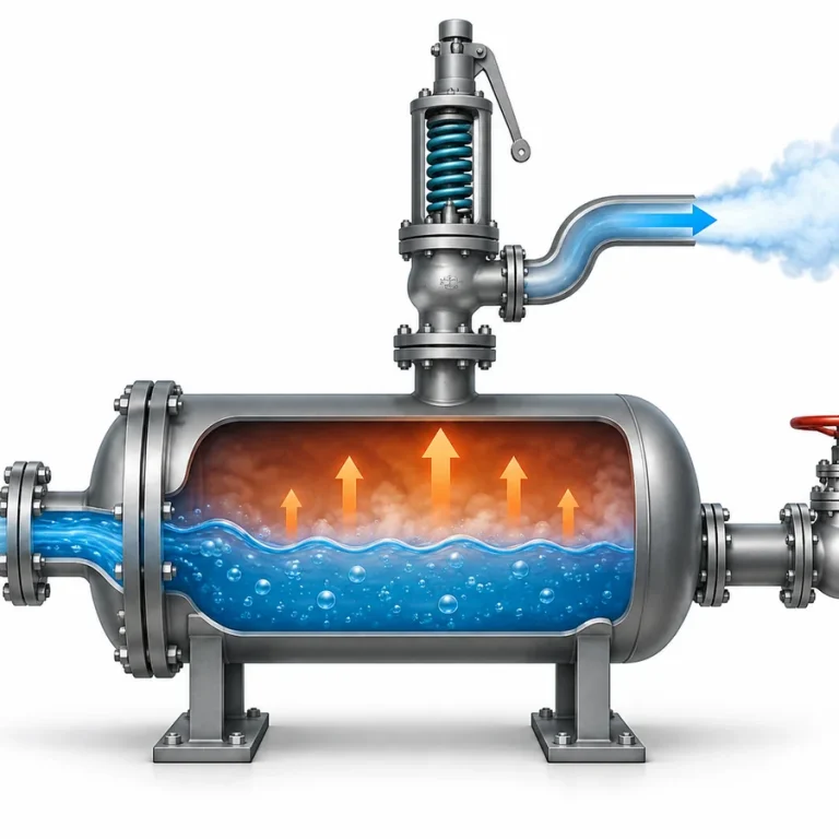 Scénario de décharge conceptuel avec sortie obstruée montrant l'enceinte de pression protégée, l'afflux continu, la sortie de procédé fermée et un chemin de décharge séparé.