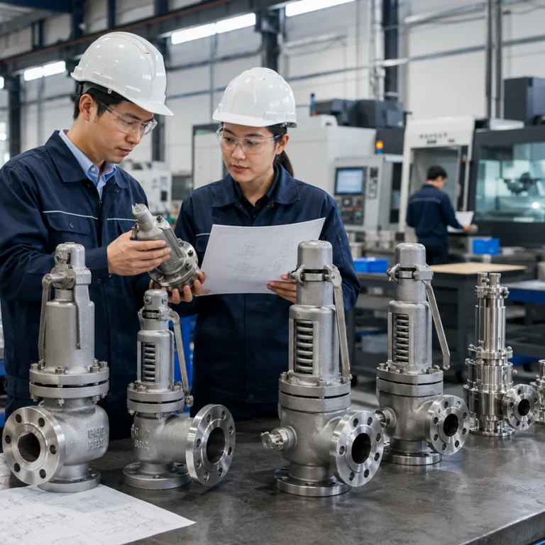 Engineers inspecting safety valves on a factory production floor