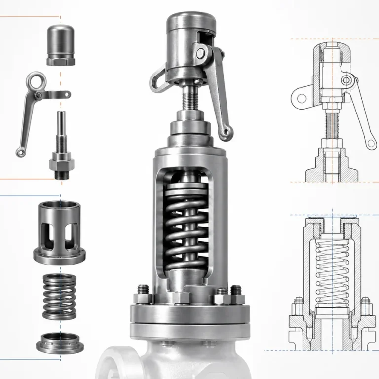 Simplified safety-valve upper assembly showing cap or lifting arrangement and bonnet or spring chamber as separate specification axes.