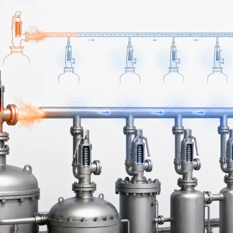 Conceptual diagram of several safety-valve branches connected to a shared discharge header with coupled downstream conditions.
