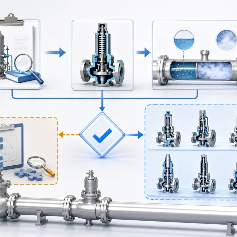Decision flow showing that an LNG cryogenic safety-valve candidate is screened only after the relief basis, required duty, and relieving phase are defined.