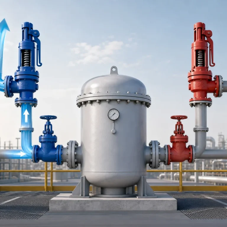 Conceptual dual safety-valve arrangement with separate active and standby relief branches protecting one equipment boundary.