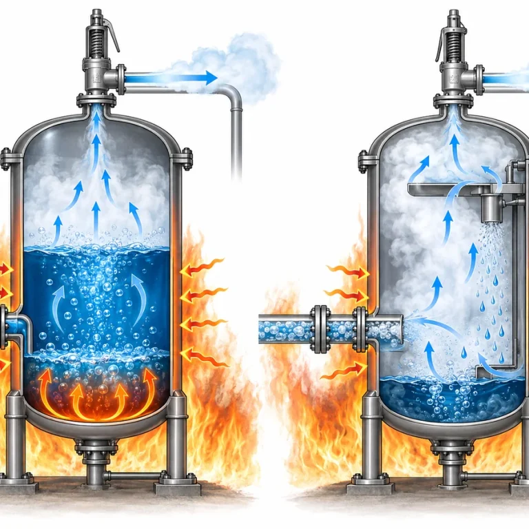Comparaison des scénarios de décharge en cas d'incendie externe entre la réponse d'un liquide à paroi mouillée et les trajectoires de réponse non simples d'un récipient sous pression en phase vapeur ou en phase complexe.