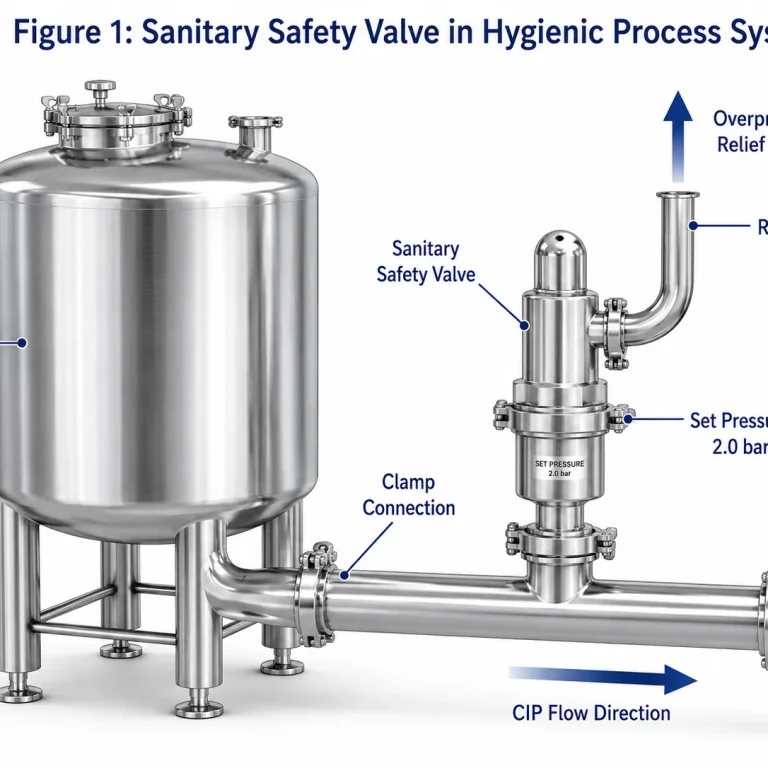 Sanitary safety valve protecting hygienic tank and clean process line from overpressure