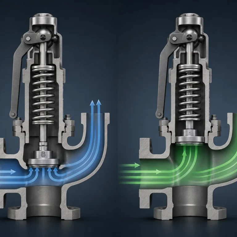 Conceptual comparison of low-lift curtain-area control and full-lift internal-flow-area control in safety valves.