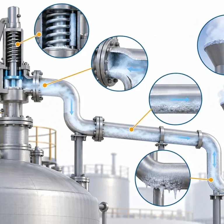 Diagram showing separate icing-risk locations along an LNG safety valve and its discharge path.