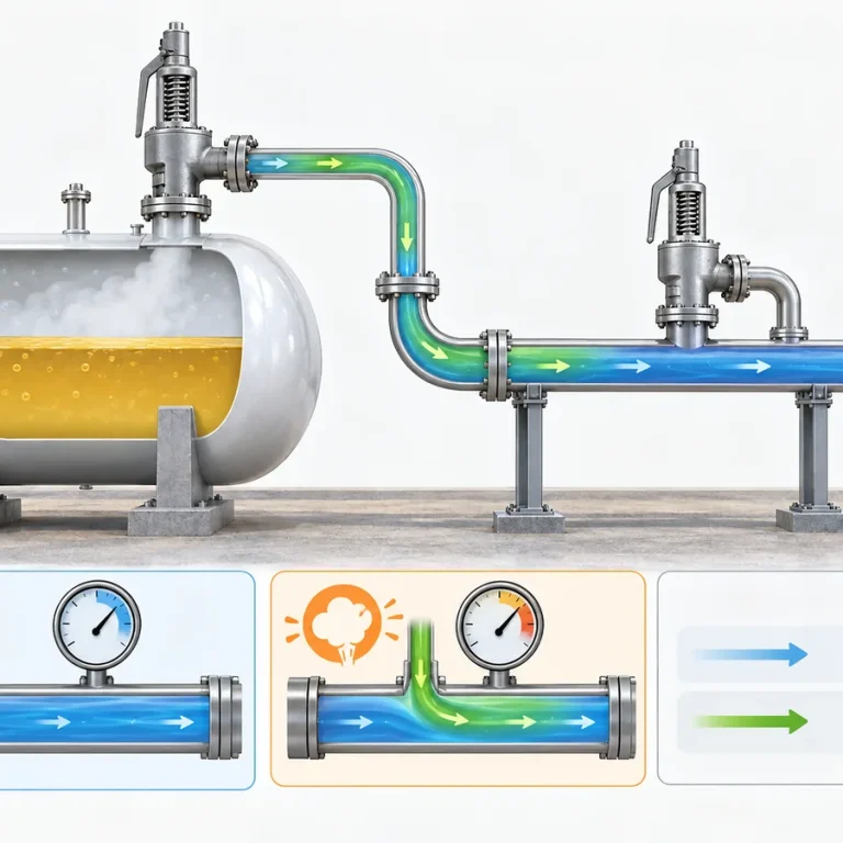 Diagram distinguishing superimposed and built-up back pressure in an LPG safety valve discharge system.