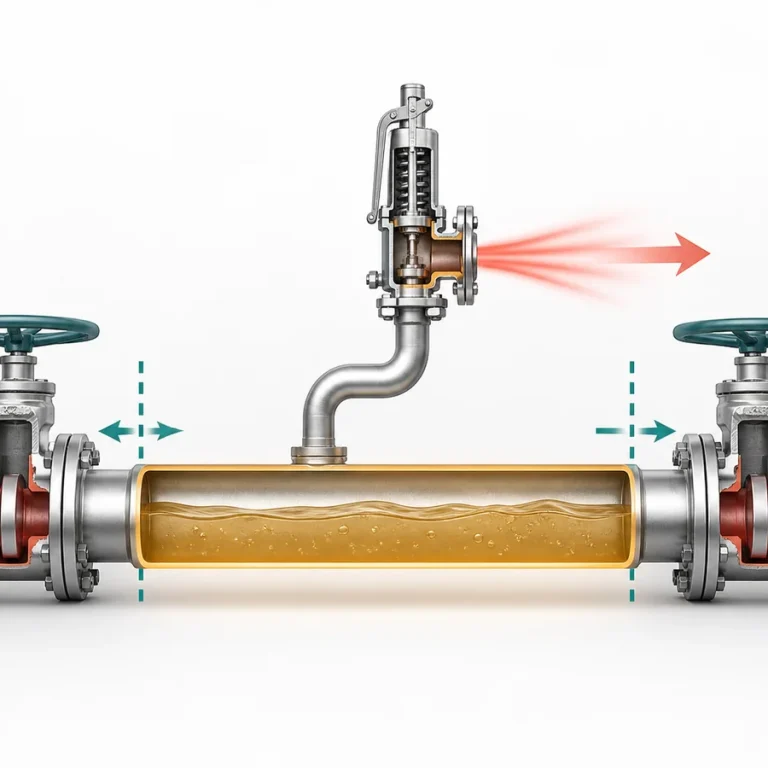 Conceptual LPG piping diagram showing a liquid-filled section trapped between two closed isolation valves with its thermal-relief connection inside the protected boundary.