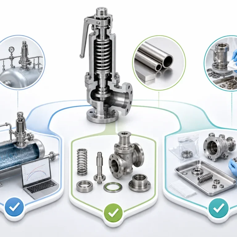 Neutral three-part oxygen-service safety-valve verification framework showing pressure-relief duty readiness, component-level material compatibility, and cleanliness/contamination-control readiness as separate evidence domains.