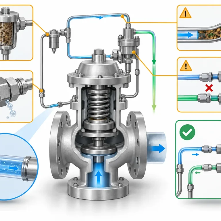 Conceptual pilot-operated safety valve control path showing filter contamination, tubing restriction, leakage and incorrect reconnection risks.