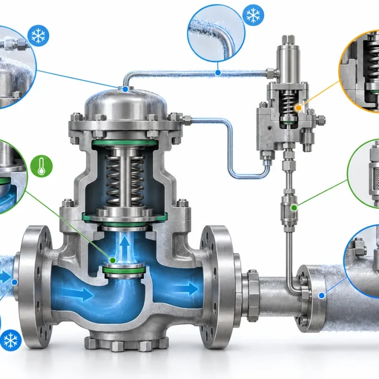 Conceptual LNG pilot-operated safety valve verification map showing main valve, pilot, sensing path, tubing and sealing components.