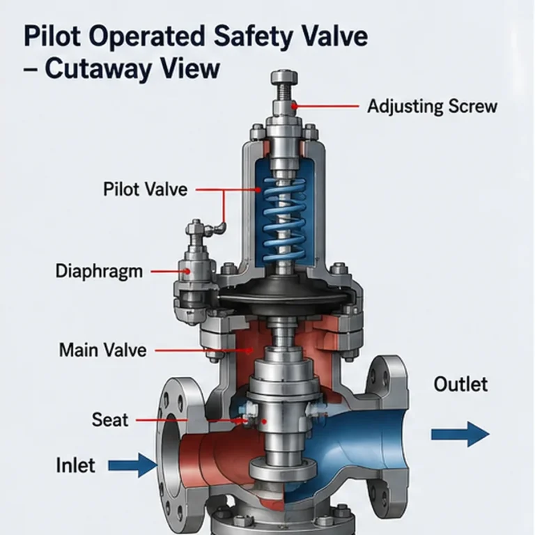 Pilot-operated safety valve with remote sensing line routing and failure-risk inspection points.