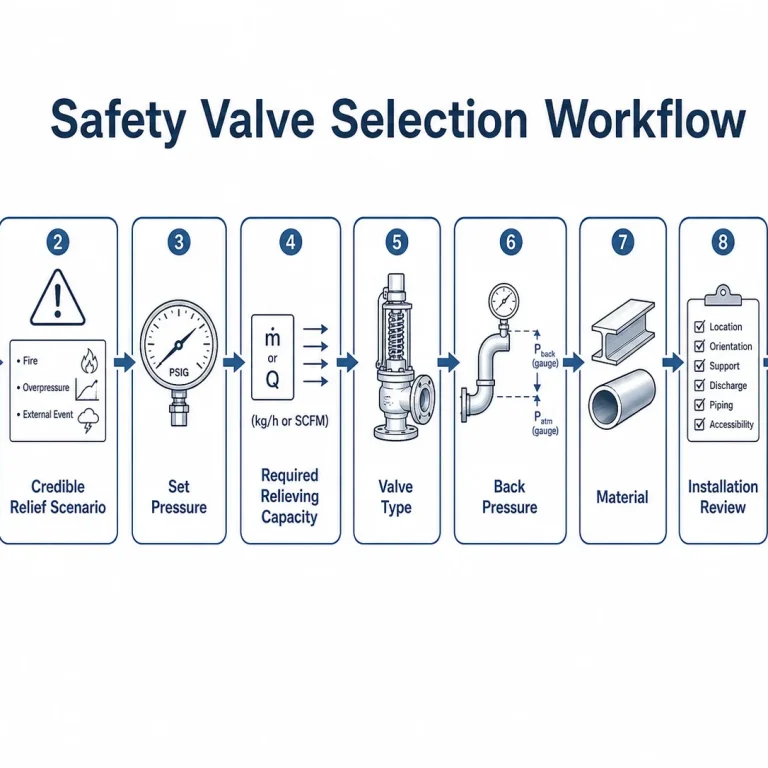 Safety valve selection workflow showing set pressure capacity back pressure material and installation checks