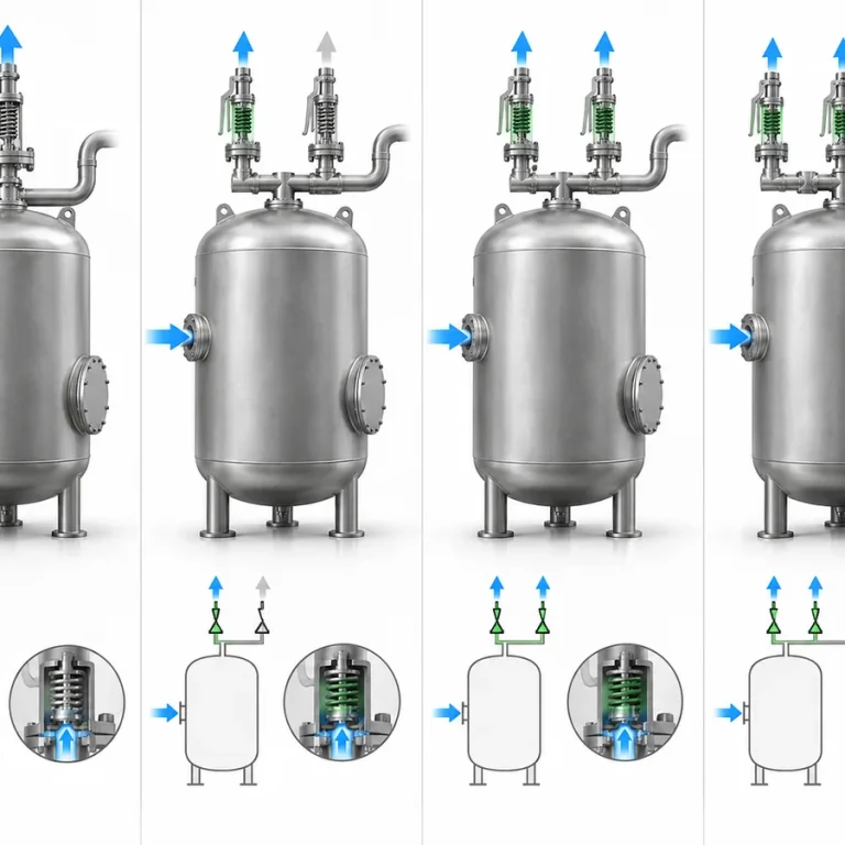 Conceptual comparison of single PSV, duty-standby, multiple-active and staged pressure-relief arrangements.
