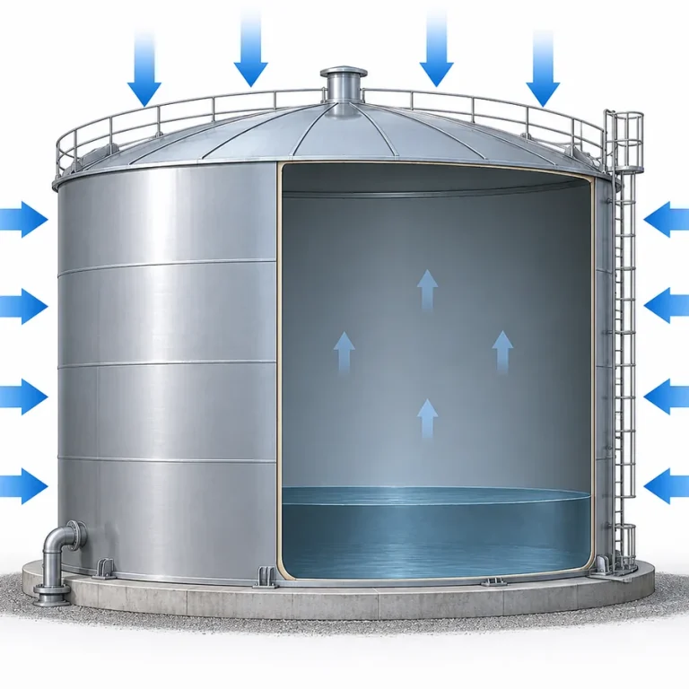 Diagram showing external atmospheric pressure acting against lower internal tank pressure and creating an inward pressure differential.