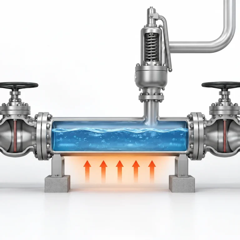 مخطط مبسط لأنابيب LNG أو LPG يوضح مقطعًا معزولًا يحتوي على سائل محتجز وتوصيل تنفيس الضغط الخاص به.