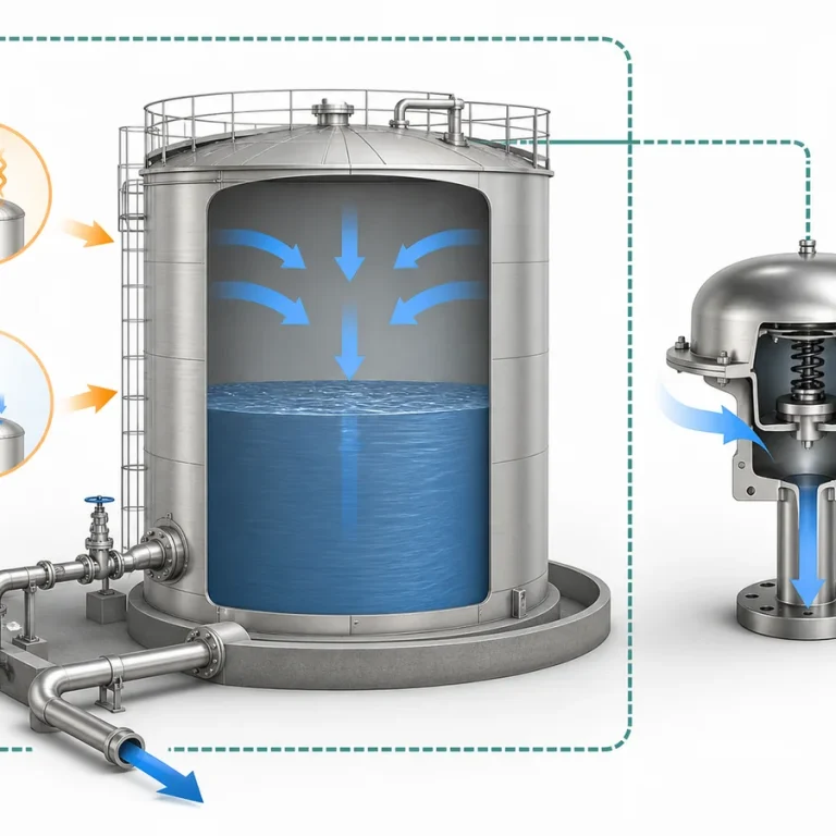 Conceptual storage-tank diagram showing the documented vacuum boundary and inward gas demand before vacuum-relief device selection.
