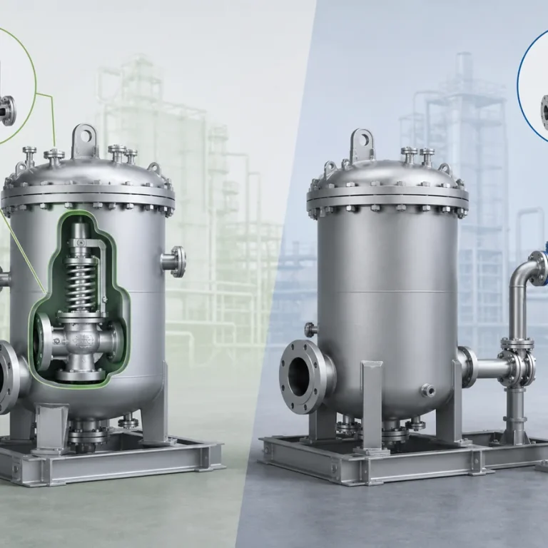 Conceptual comparison of a built-in safety valve integrated into packaged equipment and a separately installed standalone safety valve.