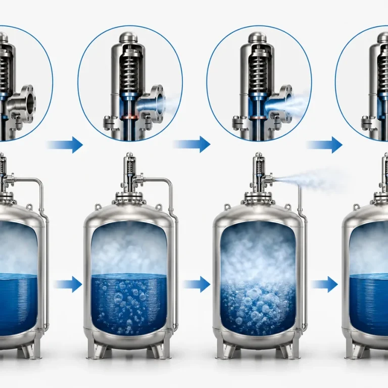 Conceptual sequence showing a cryogenic-service pressure-relief valve opening during an overpressure condition and later returning to a closed state.