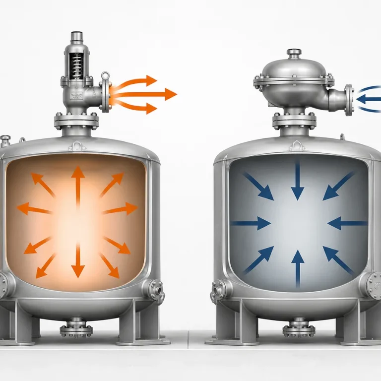 Conceptual comparison of outward positive-pressure relief and inward replacement-gas flow during tank or process vacuum relief.